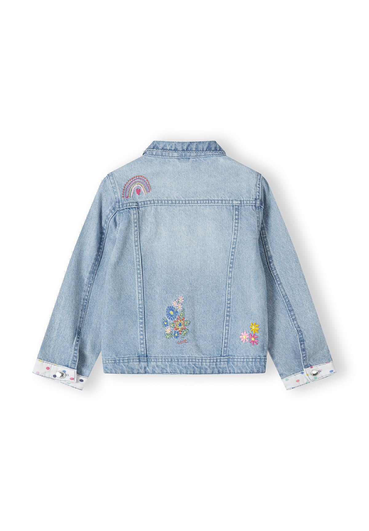 Back of a light blue denim jacket.