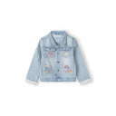 Girls' light blue denim jacket with colorful rainbow, sun, and floral embroidery; polka dot cuffs.