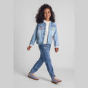 Girls' light blue denim jacket with rainbow, sun, and floral embroidery, polka dot cuffs.