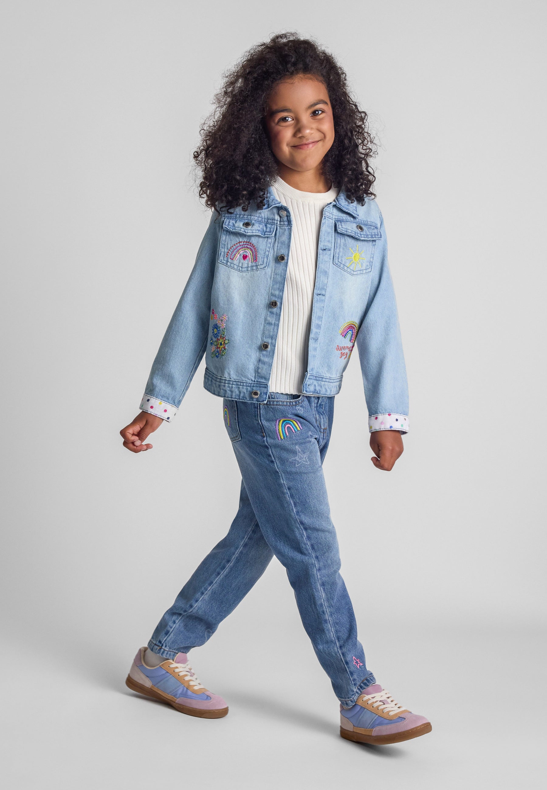 Embroidered Denim Jacket, Light Blue, Rainbow - 1