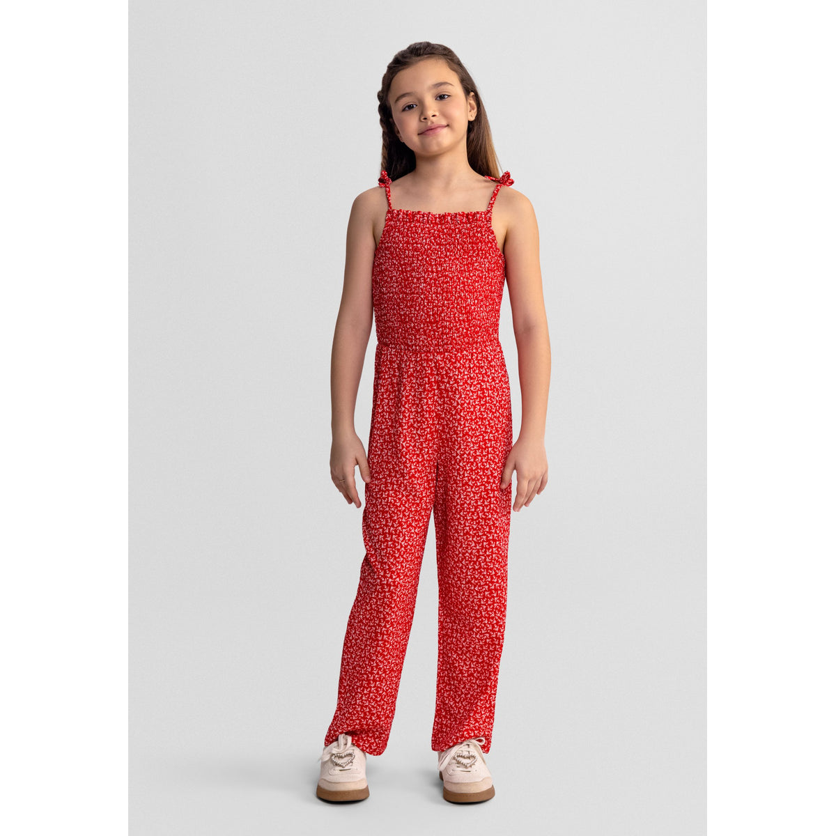 Girls' floral jumpsuit in red and white — complete product view for square Shop card