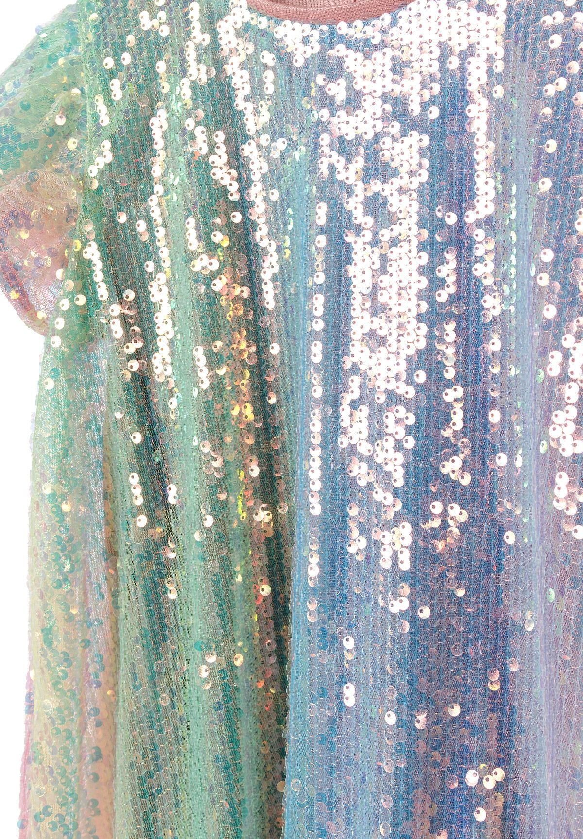 Pastel rainbow sequin shift dress, sequin detail.