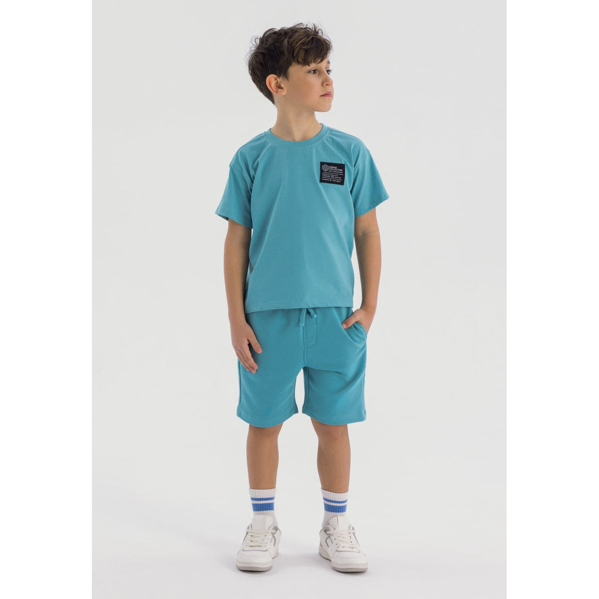 Boys' t-shirt and shorts set in turquoise — complete product view for square Shop card