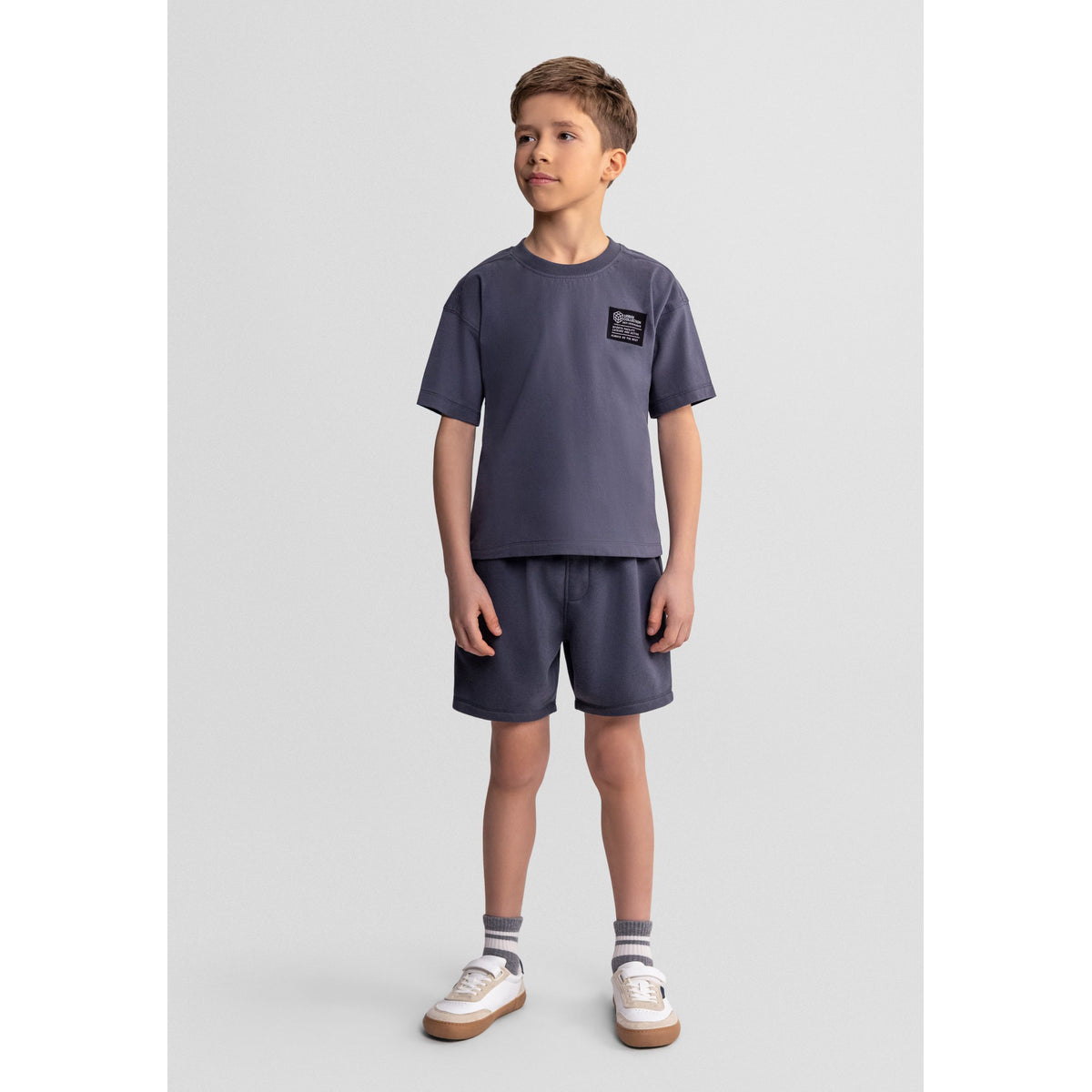 Boys' t-shirt and shorts set in charcoal — complete product view for square Shop card