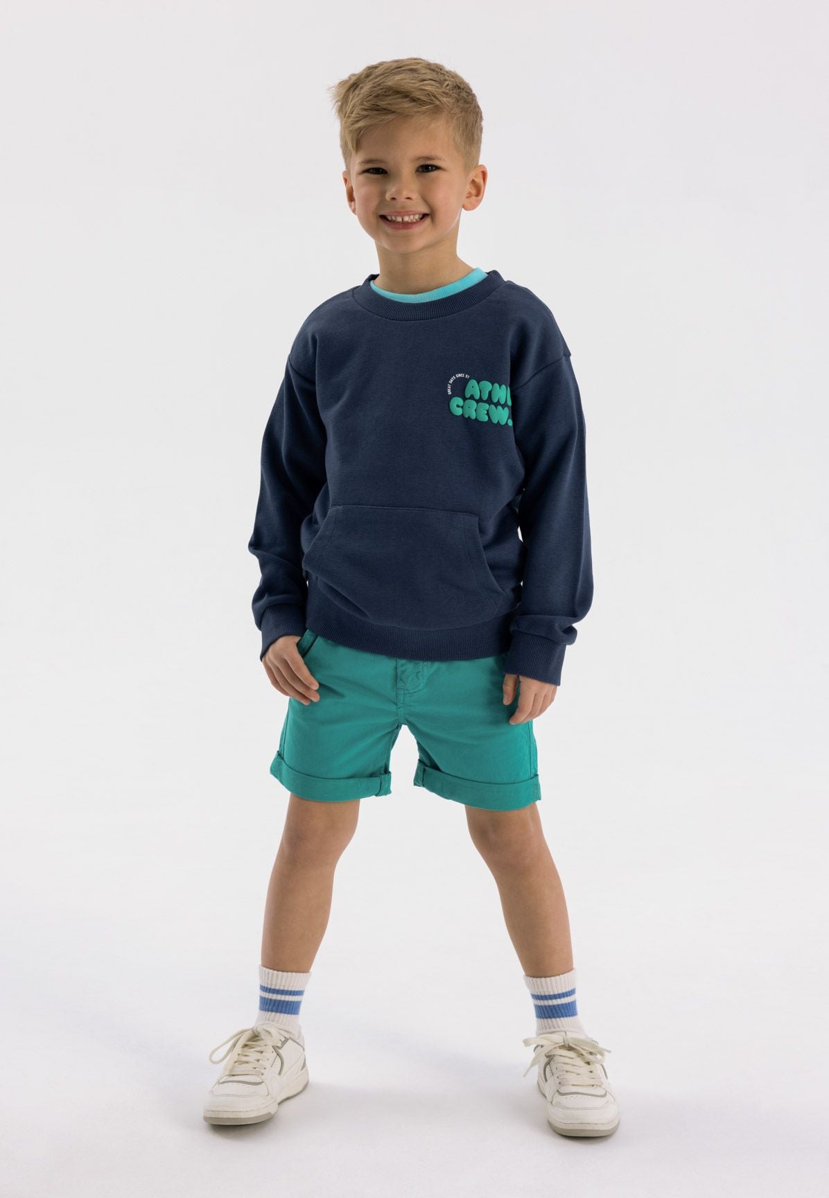 Crew Neck Sweatshirt, Navy, Kangaroo Pocket - 1