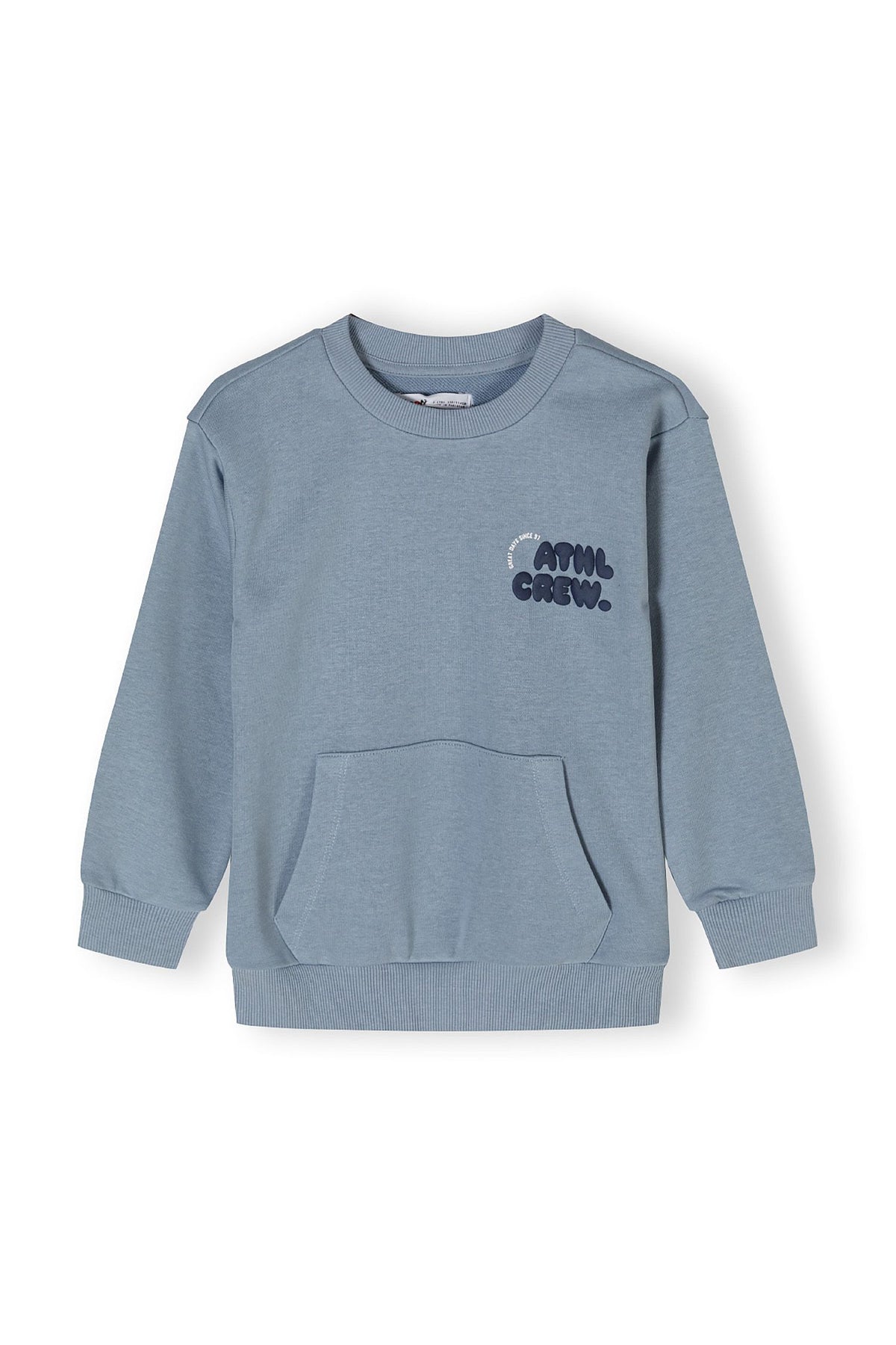 Blue-grey crew neck sweatshirt, front.