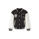 Black baseball jacket with white sleeves laid flat showing front view with M logo patch and button closure