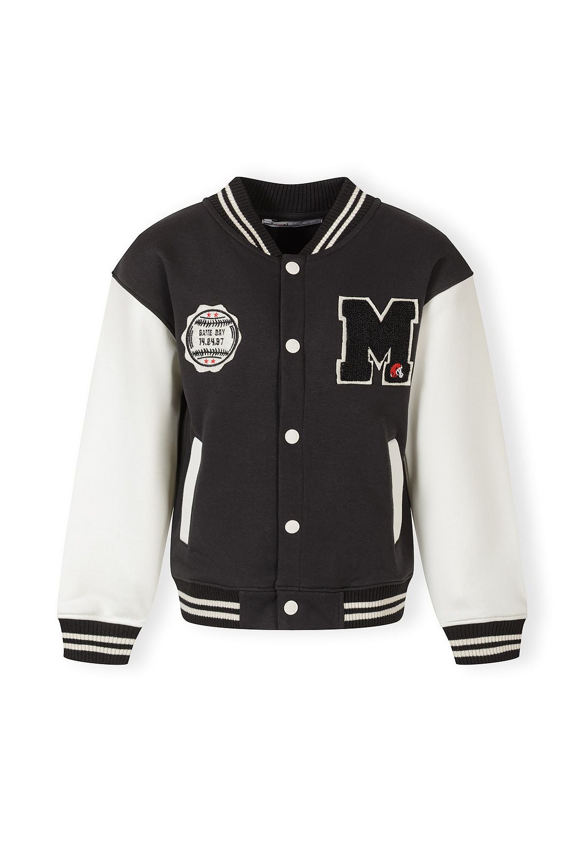 Boys black lightweight baseball jacket, front view, contrasting sleeves, snap closure, ribbed cuffs.
