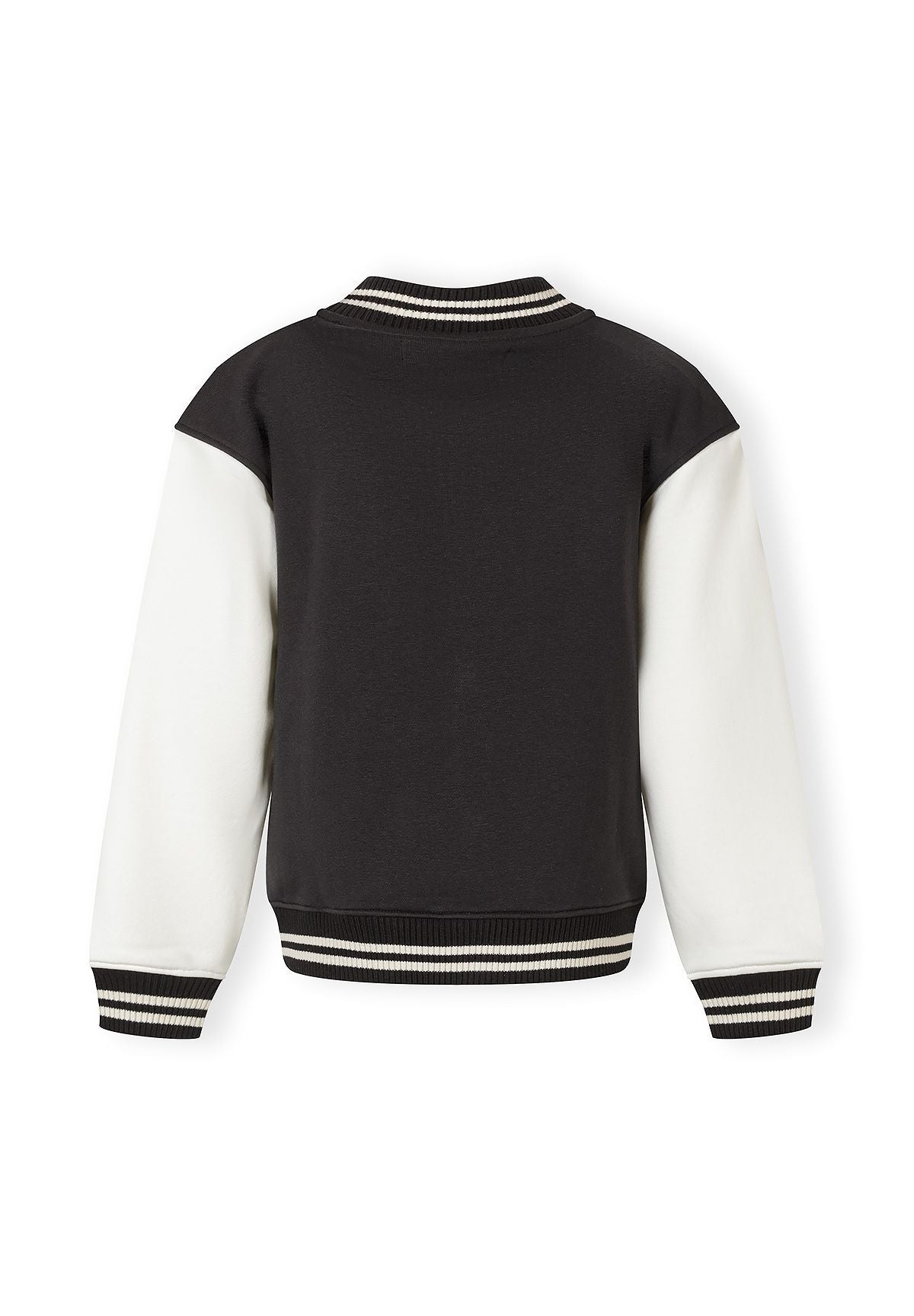 Back view of a boys' lightweight baseball jacket with black and white contrast sleeves.
