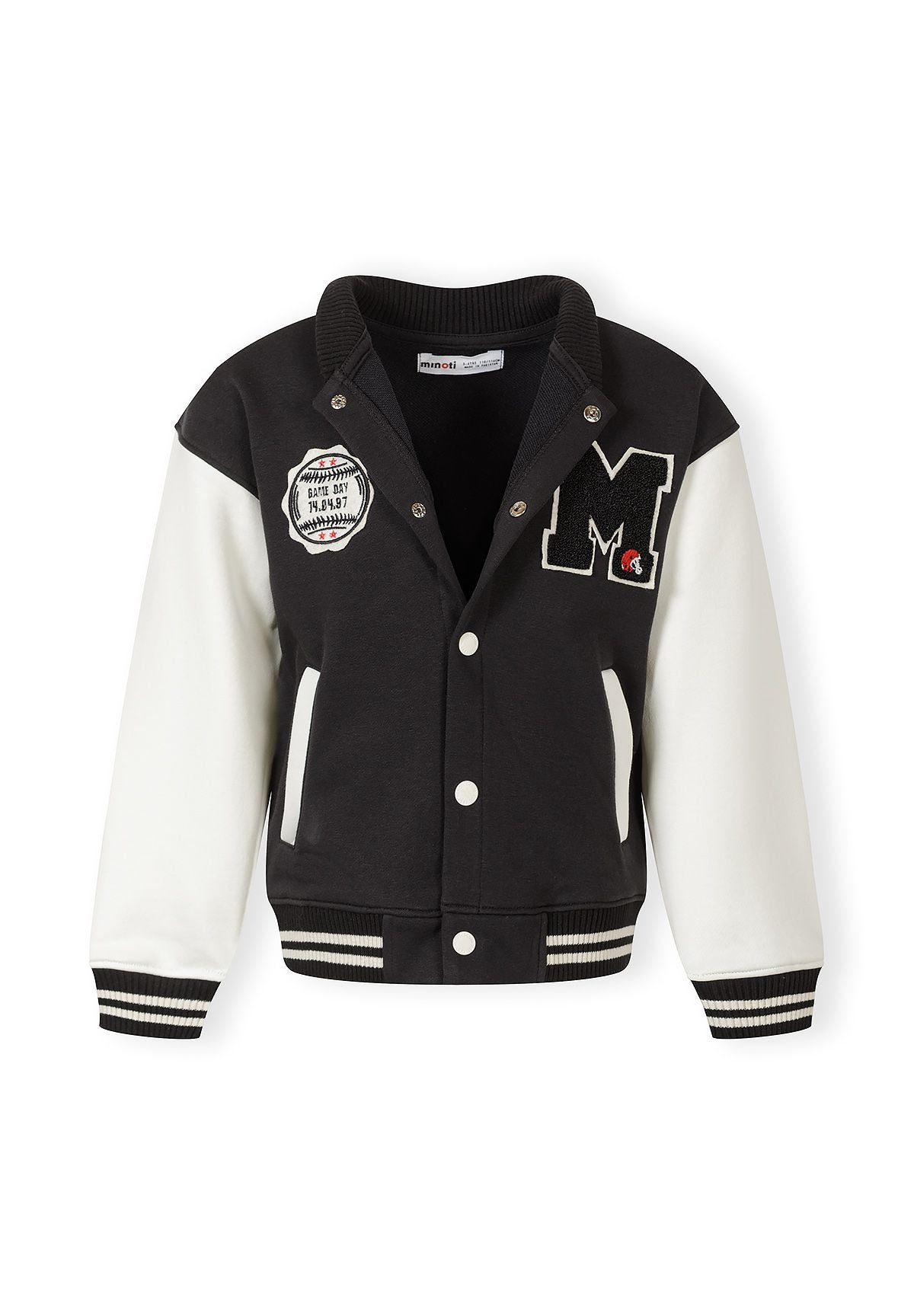 Front view of a boys' lightweight baseball jacket featuring black and white contrast sleeves and patches.