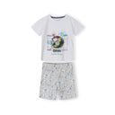 Boys' white football print t-shirt and grey splatter print shorts set, jersey fabric, 3-14 years.