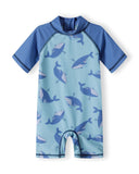 Blue short sleeve sunsuit with back zip and playful whale print design for kids and baby fashion