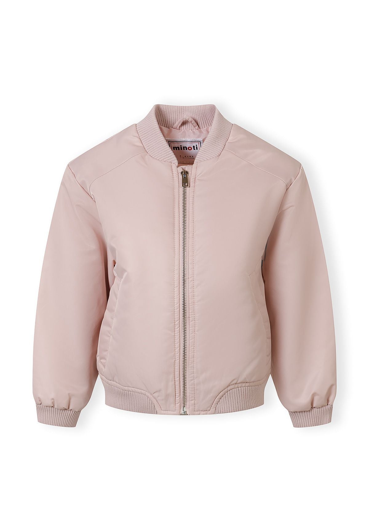 Girls lightweight pink bomber jacket, front view, features a full-length zip and ribbed collar.