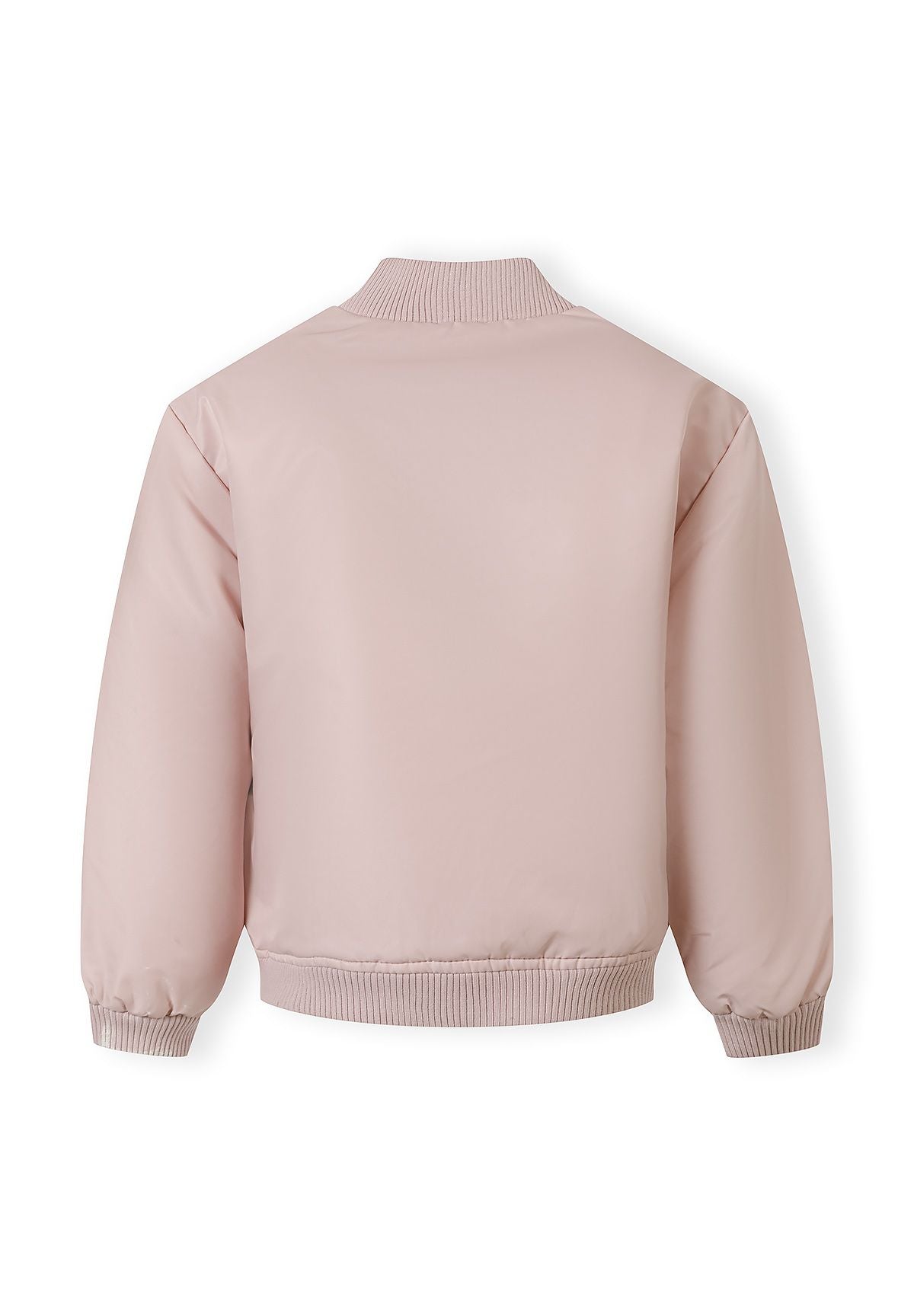 Back view of a girls' lightweight pink bomber jacket with ribbed collar and elasticated cuffs.
