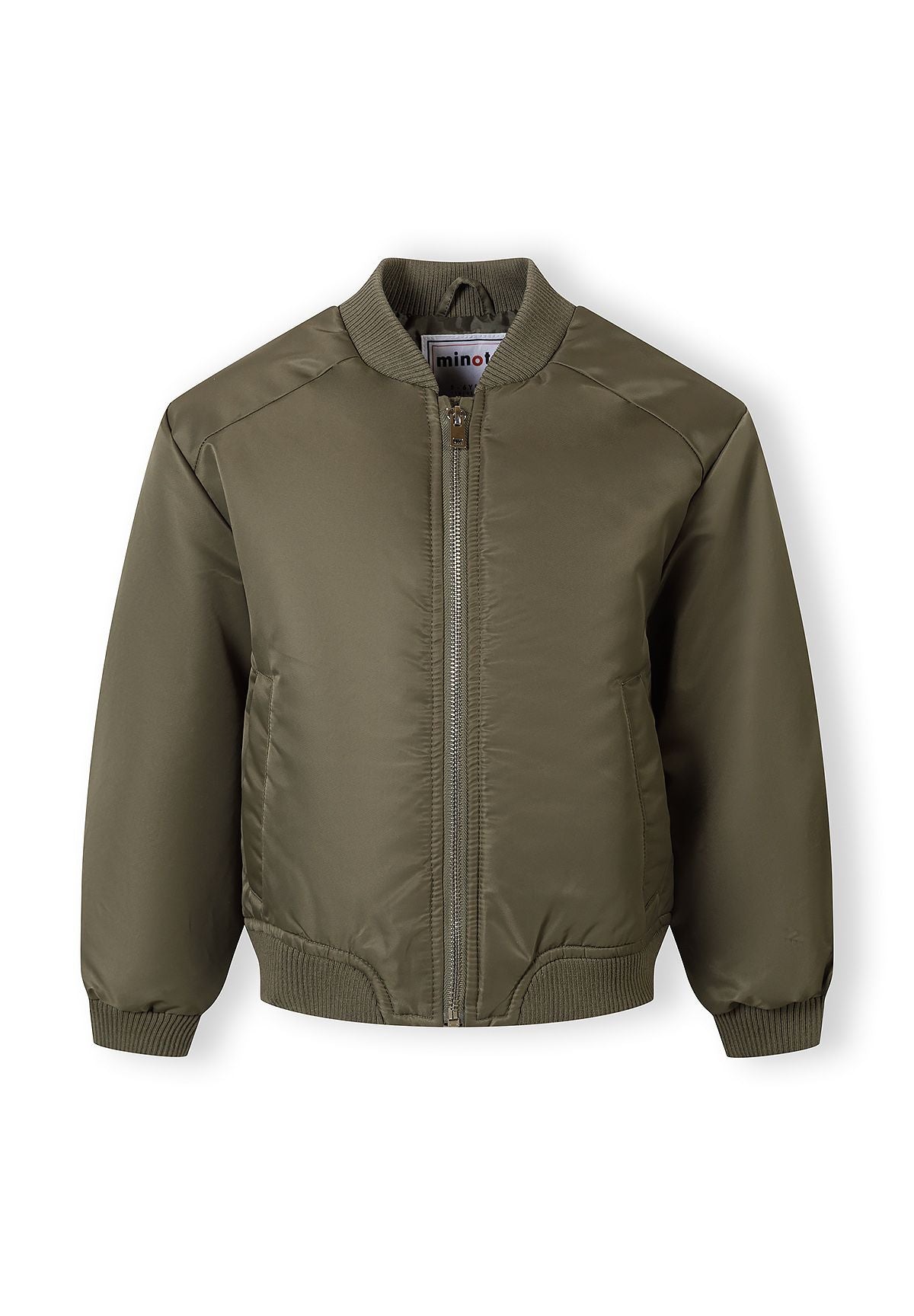 Girls khaki bomber jacket, front view, features stand collar and full-length zip.