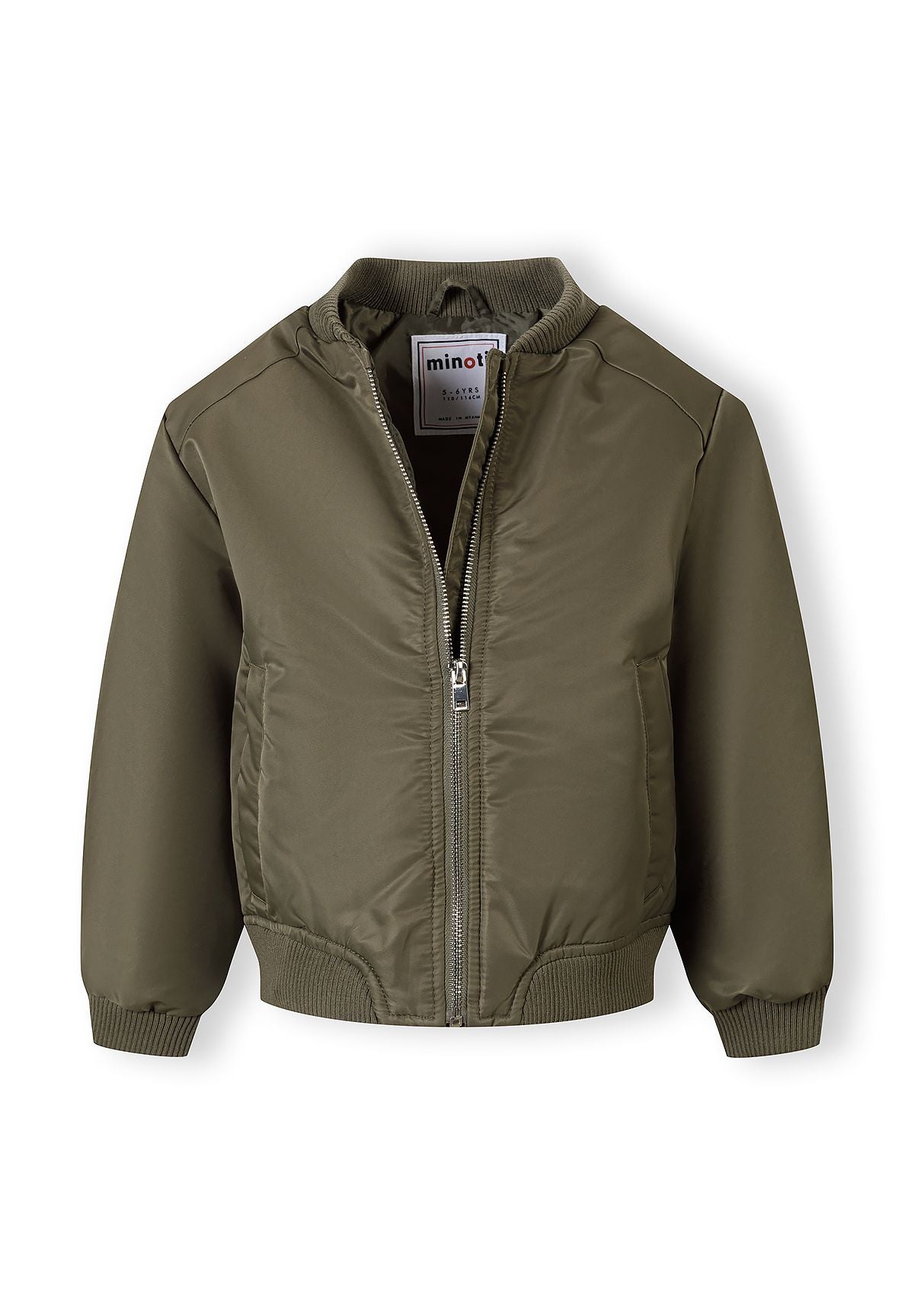Girls lightweight khaki bomber jacket, front view, features a full-length zip and stand collar.