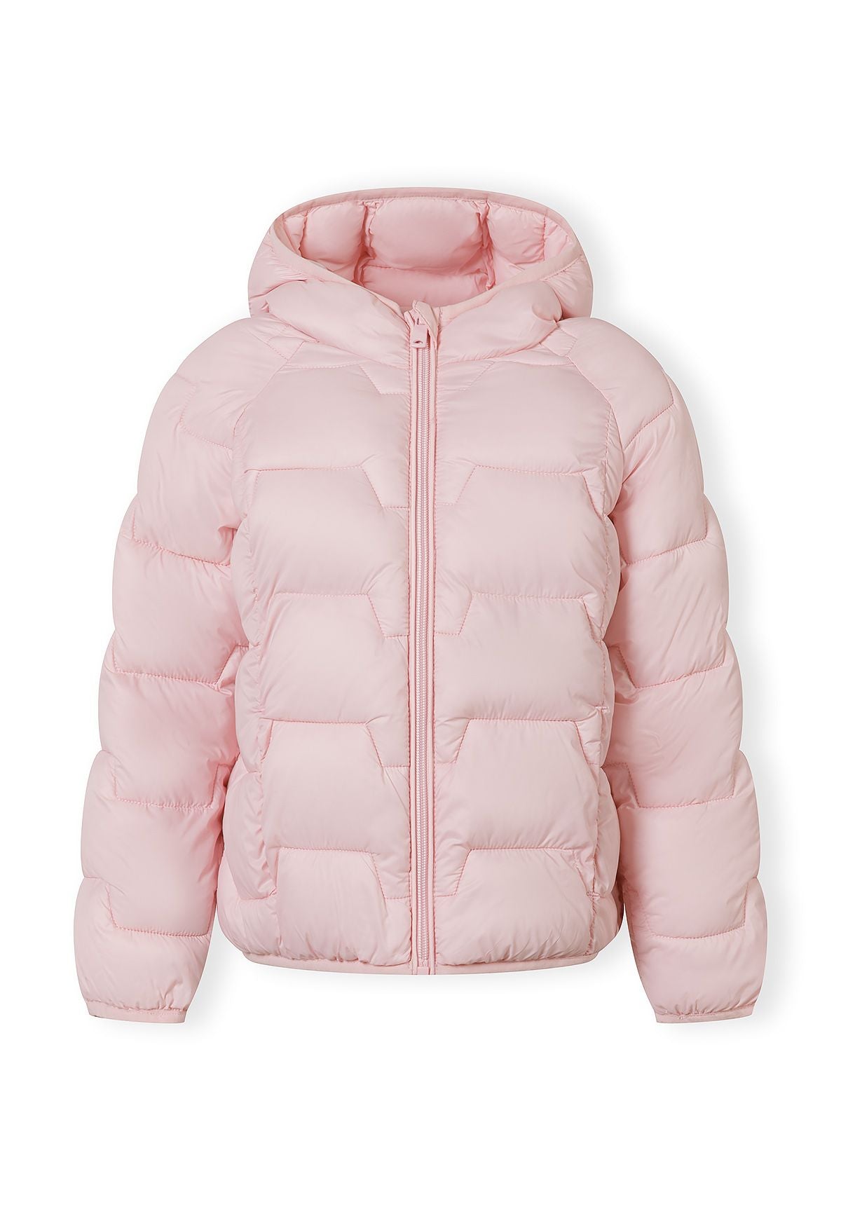Girls lightweight pink hooded jacket, front view, features full-length zip and quilted design.