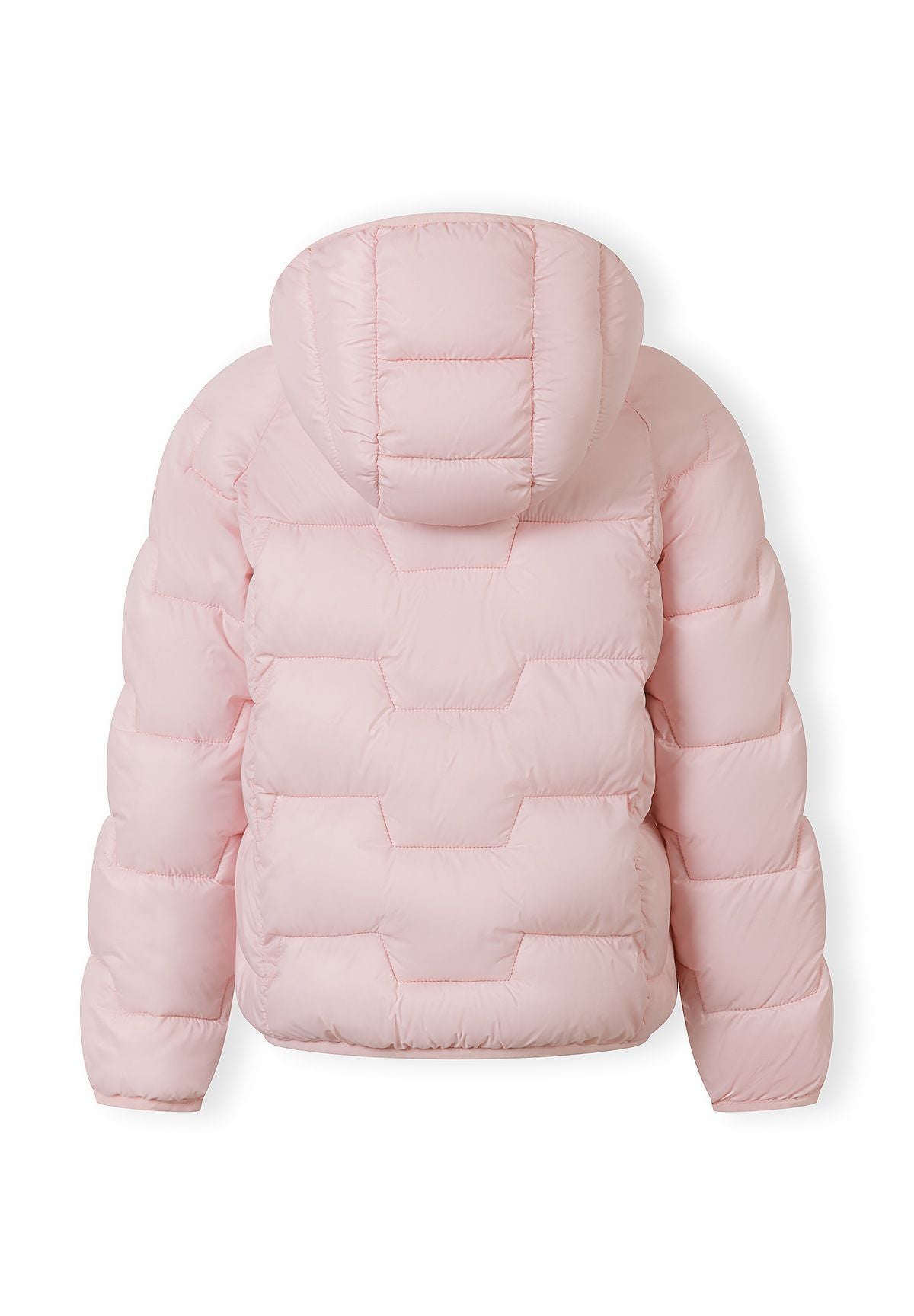 Back view of a girls' lightweight pink hooded jacket with quilted design.