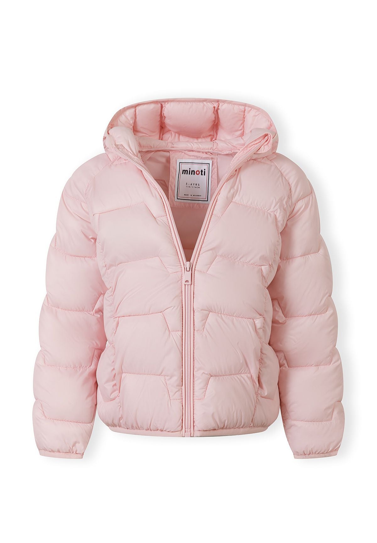 The light pink puffer jacket shown open to reveal the inside.