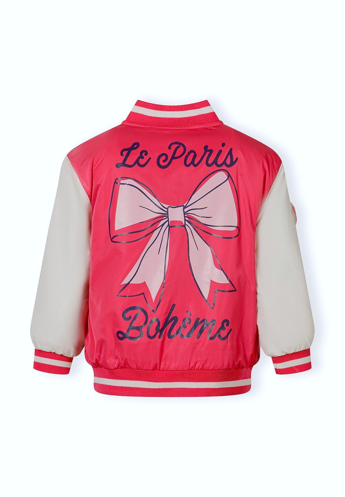 Girls varsity bomber jacket in pink, back view with bow graphic.