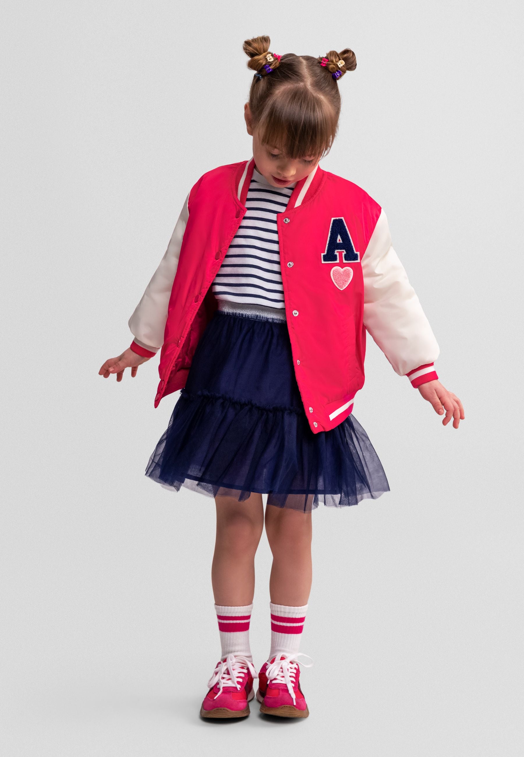 Varsity Bomber Jacket, Pink White, Lightly Padded - 1