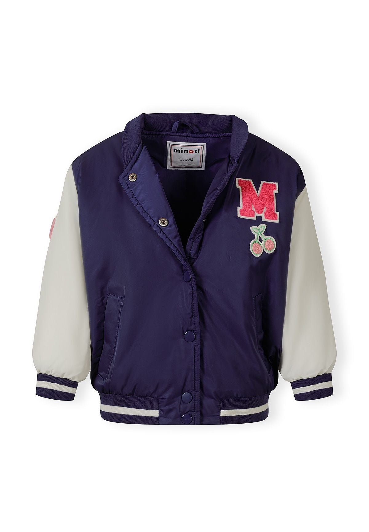 Girls varsity bomber jacket in navy and white, front view with ribbed collar and snap-button closure.