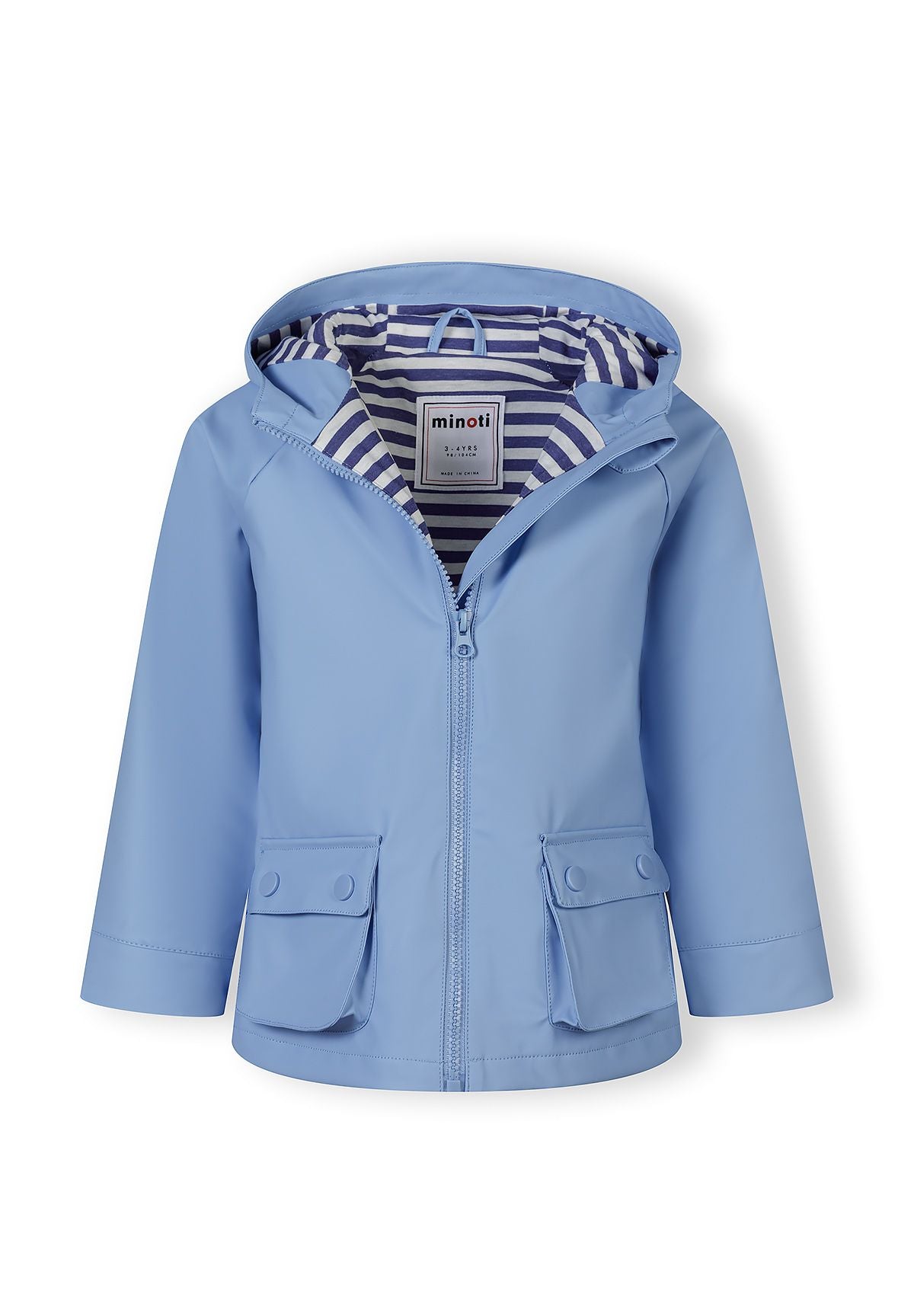 Girls waterproof blue rain jacket, front view with fixed hood and two pockets.