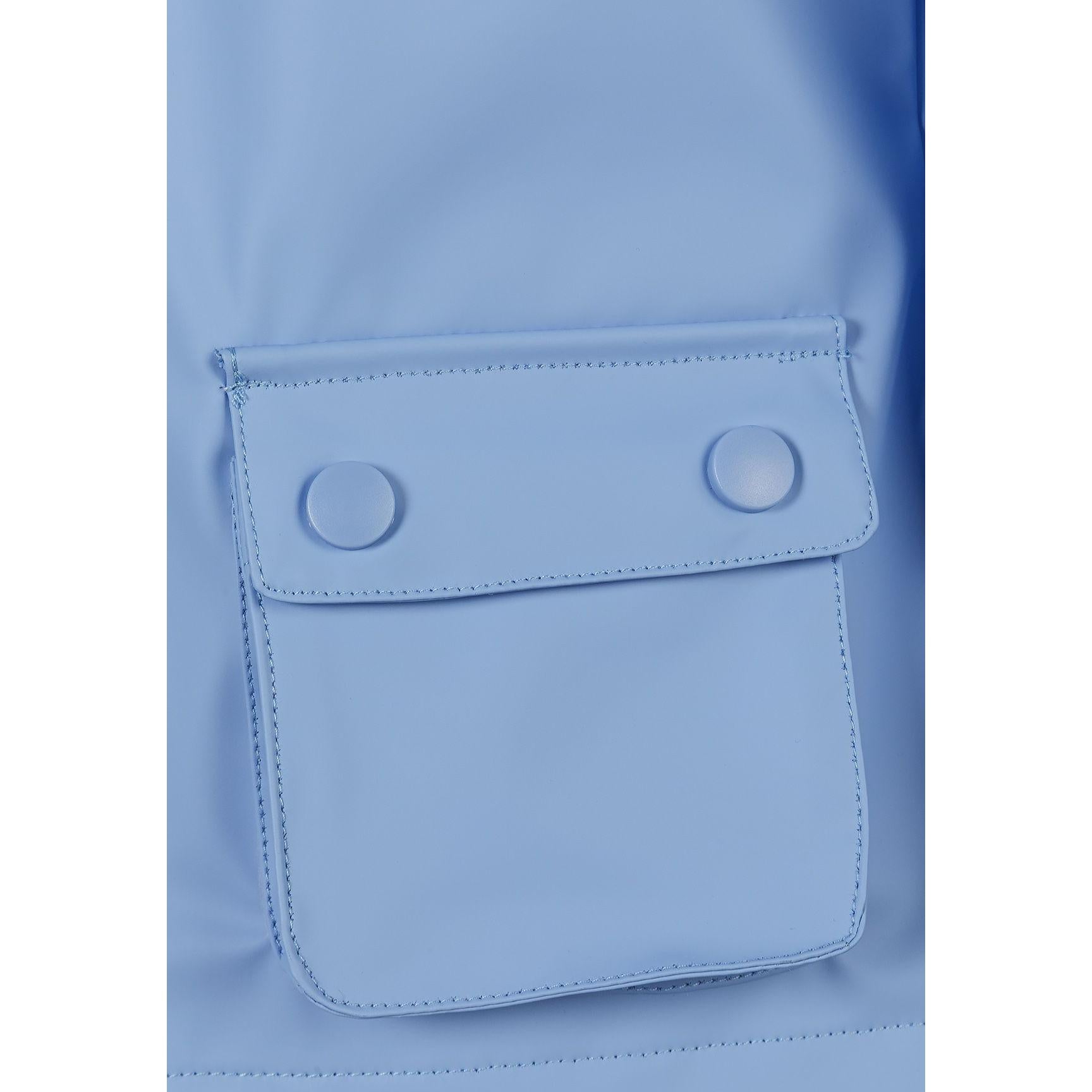Close-up detail of blue rain jacket front pocket with button closure showing stitching and construction quality
