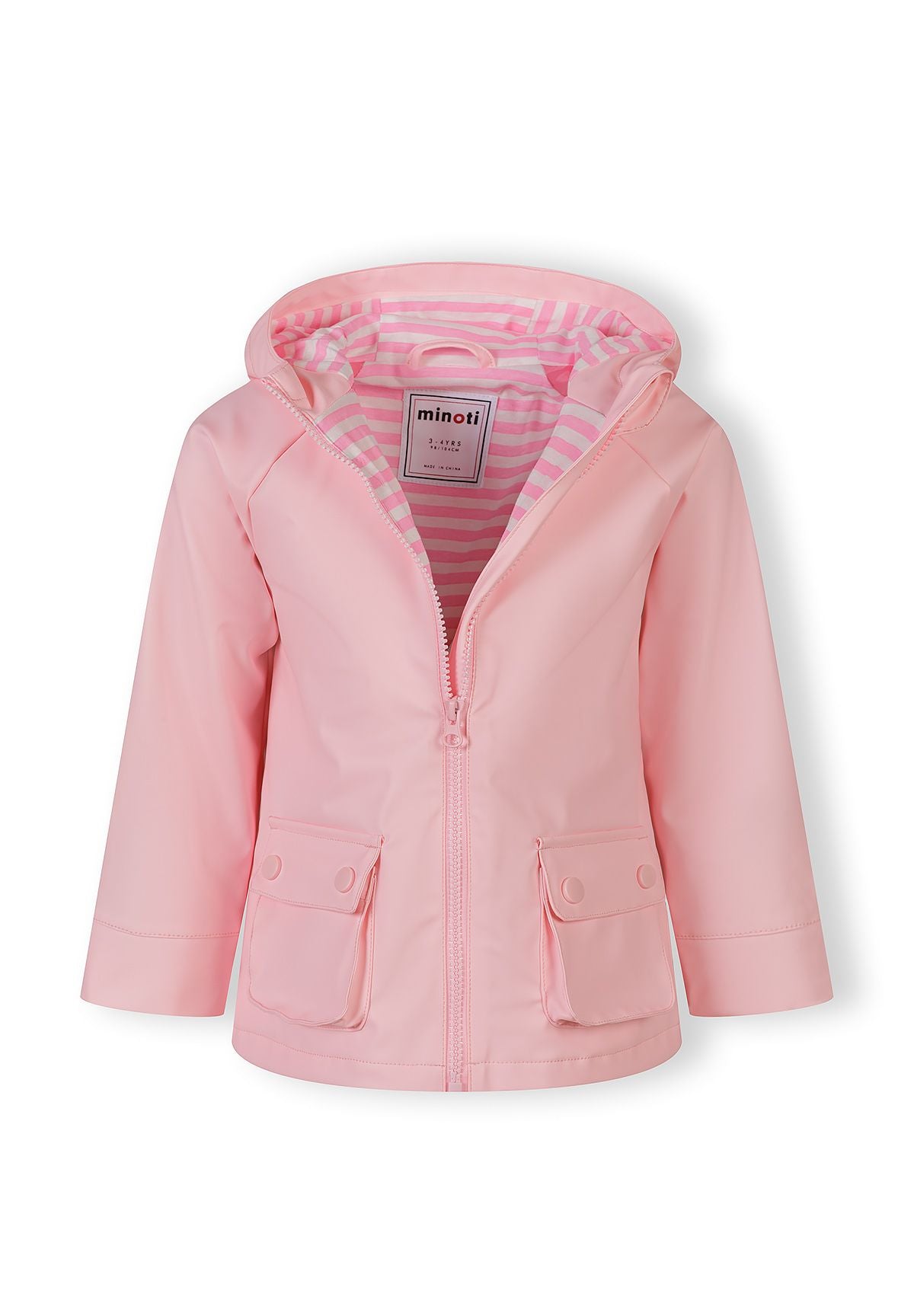 Girls pink waterproof jacket, front view with fixed hood and two front pockets.