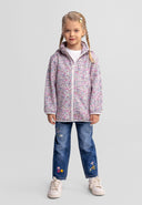 Girls softshell jacket with floral print, front view, features attached hood and two front pockets.