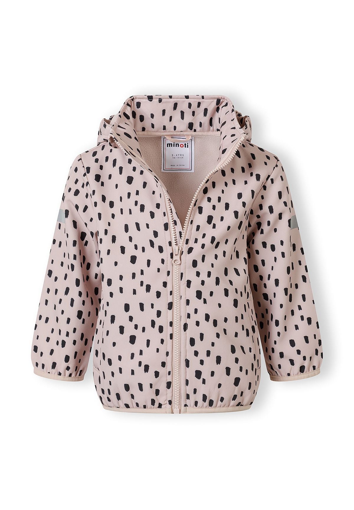 Girls softshell jacket in pink with black spots, front view, featuring a full-length zip and removable hood.