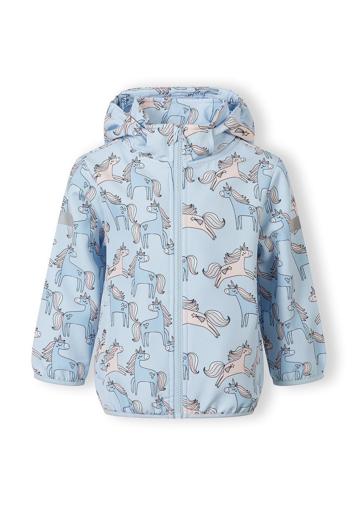 Front of a light blue hooded printed jacket.