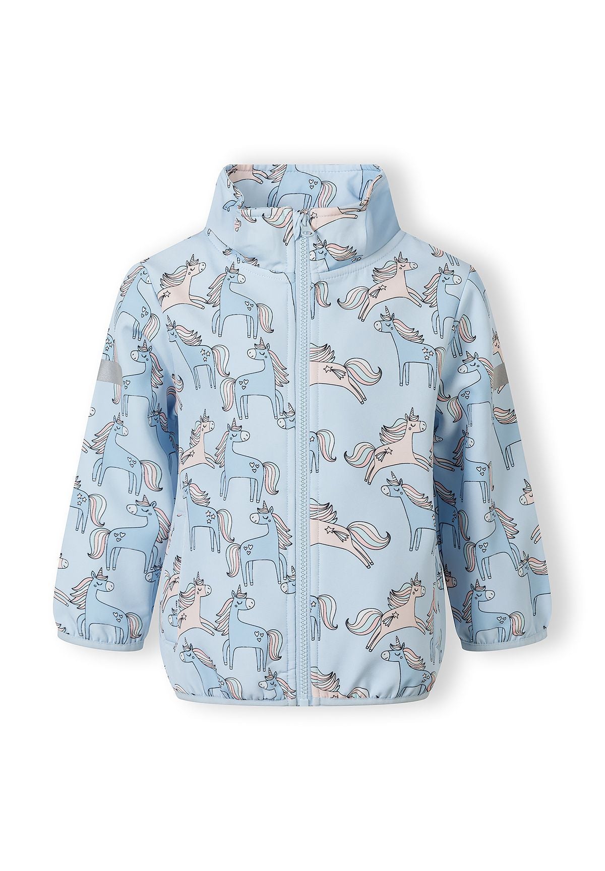 Girls light blue softshell jacket with unicorn print, front view, full-length zip.