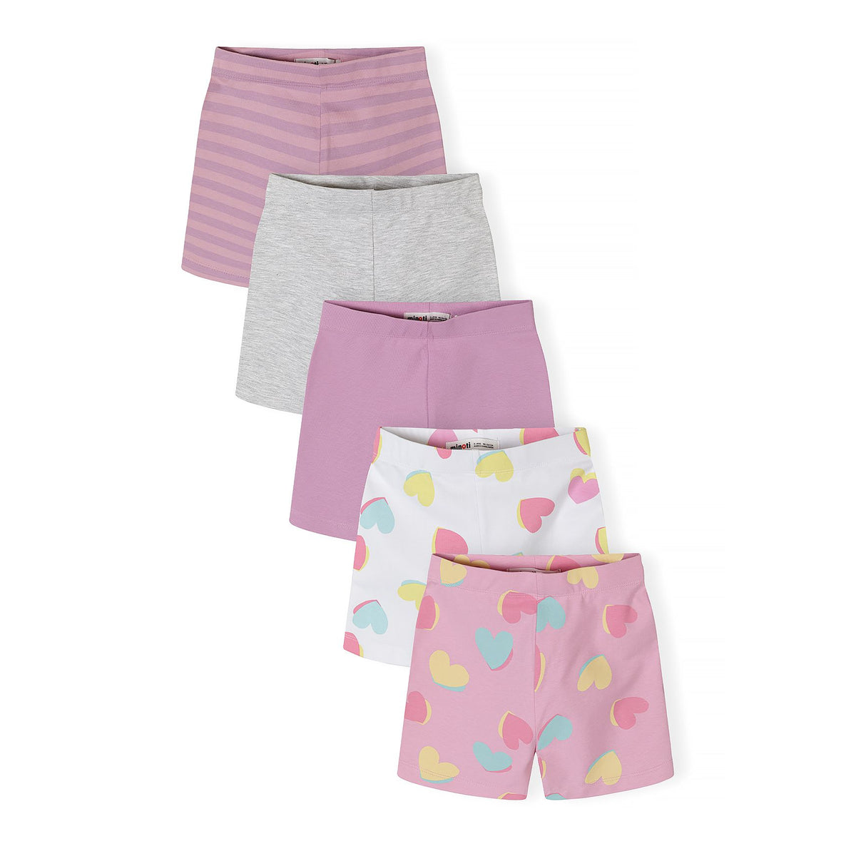 Girls' cycling shorts 5-pack in pink, lilac, white and grey marl — complete product view for square Shop card