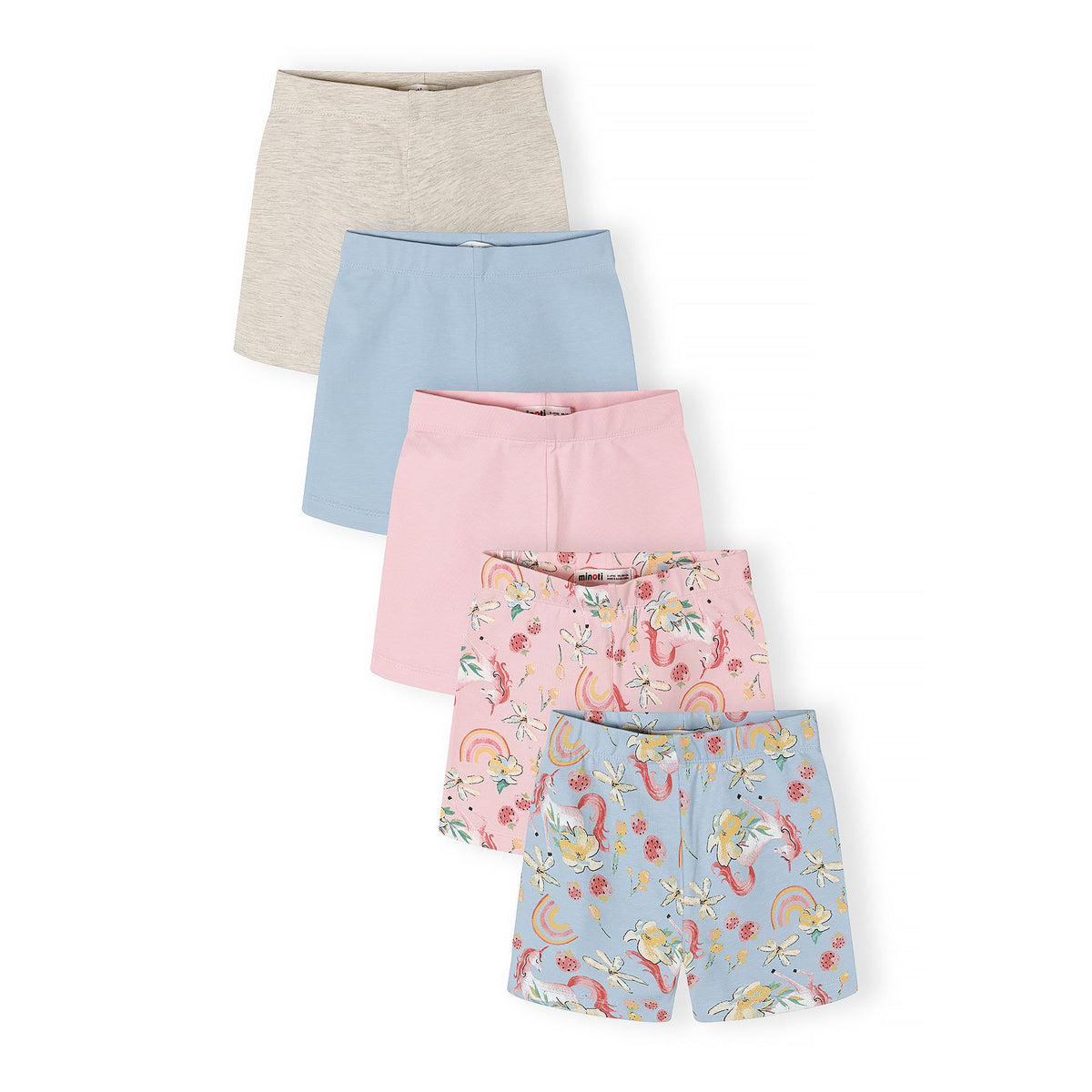 Girls' cycling shorts 5-pack in beige marl, light blue and pink — complete product view for square Shop card