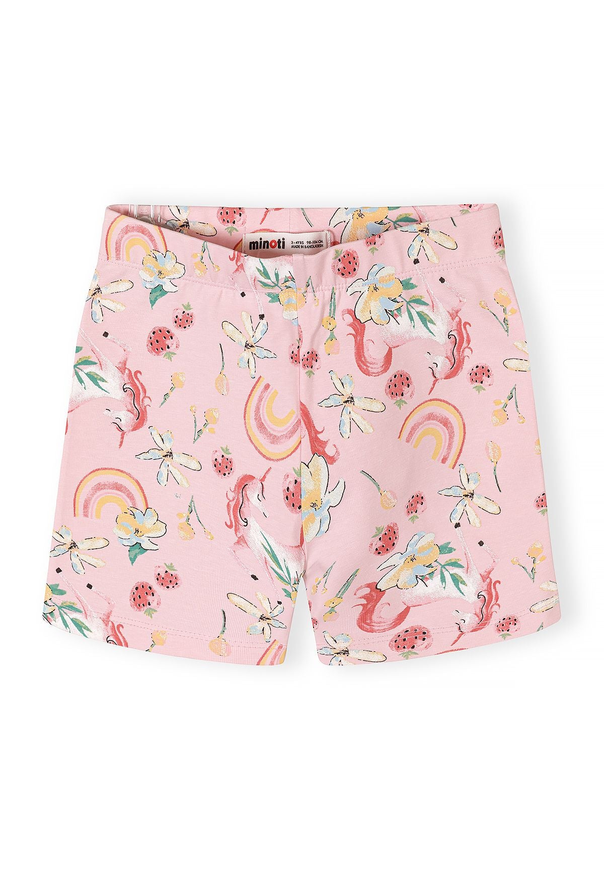 Detail of pink bicycle shorts with unicorn and floral prints, elasticated waistband.