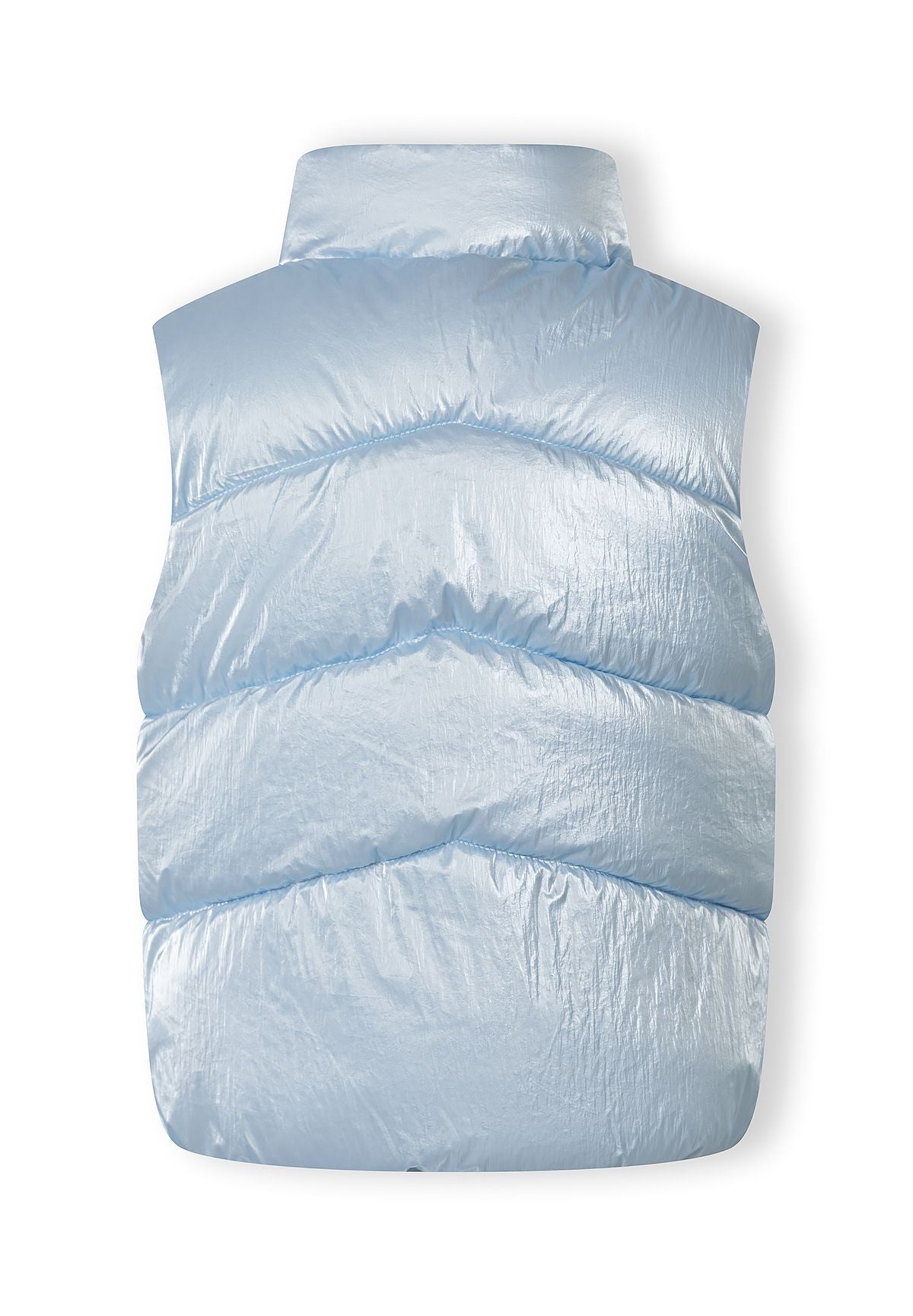 Girls quilted waistcoat in metallic light blue, back view with stand collar.