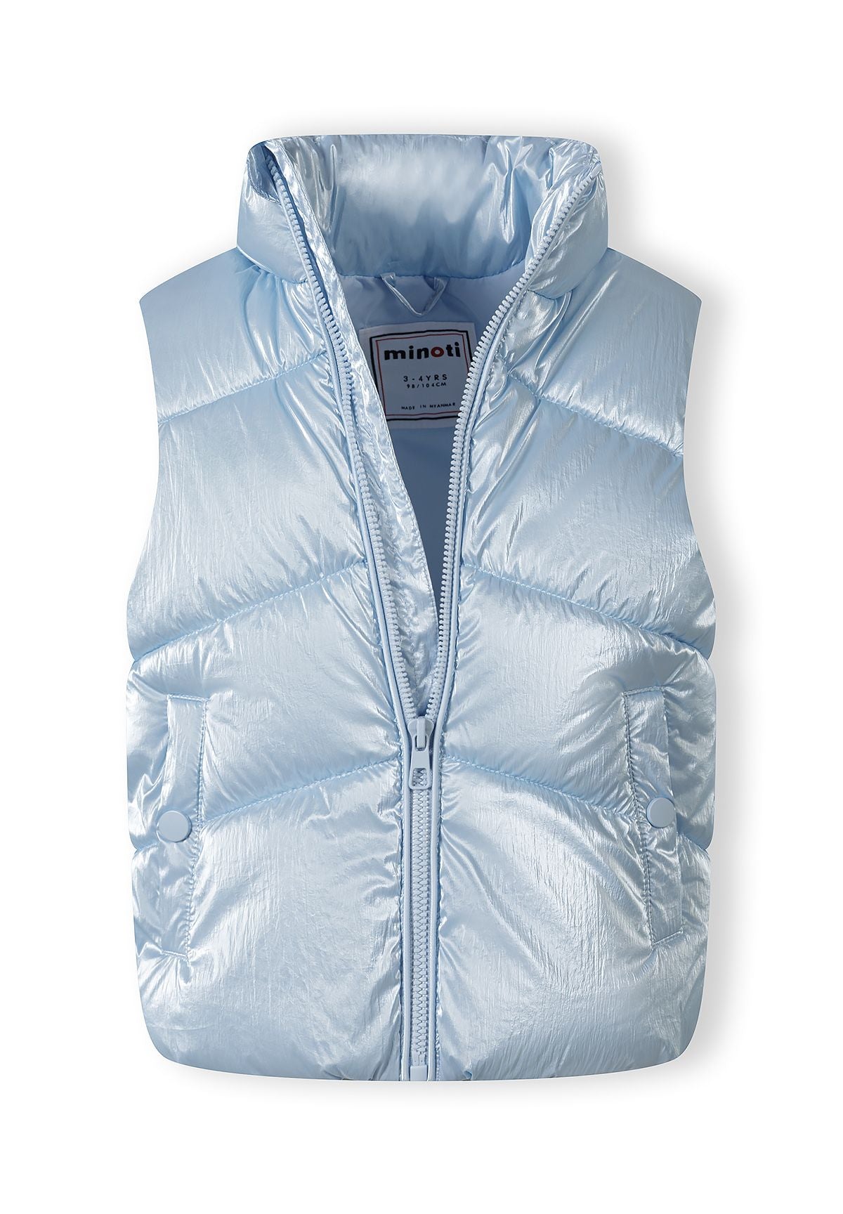 Light blue shiny padded gilet, open front.