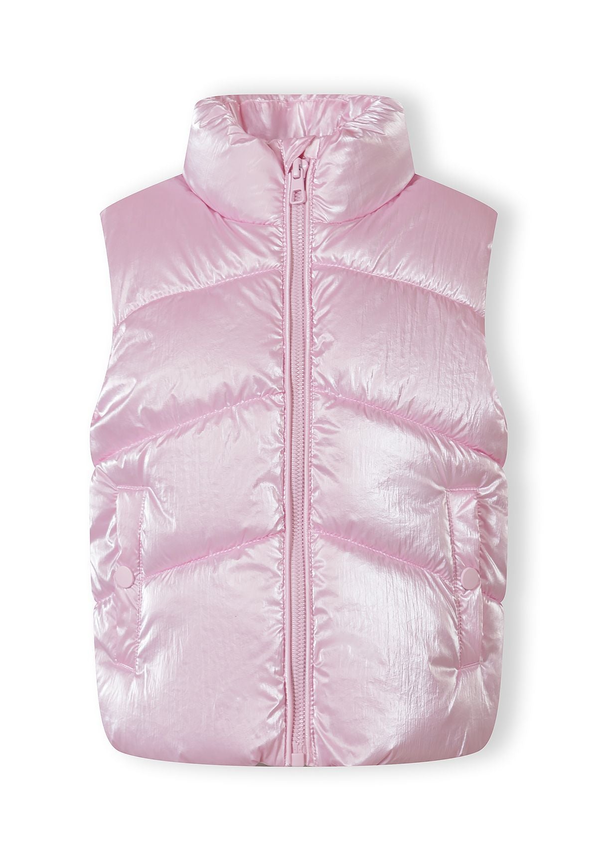 Light pink shiny padded gilet, front.