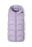 Girls sleeveless lilac gilet with hood and front zipper.