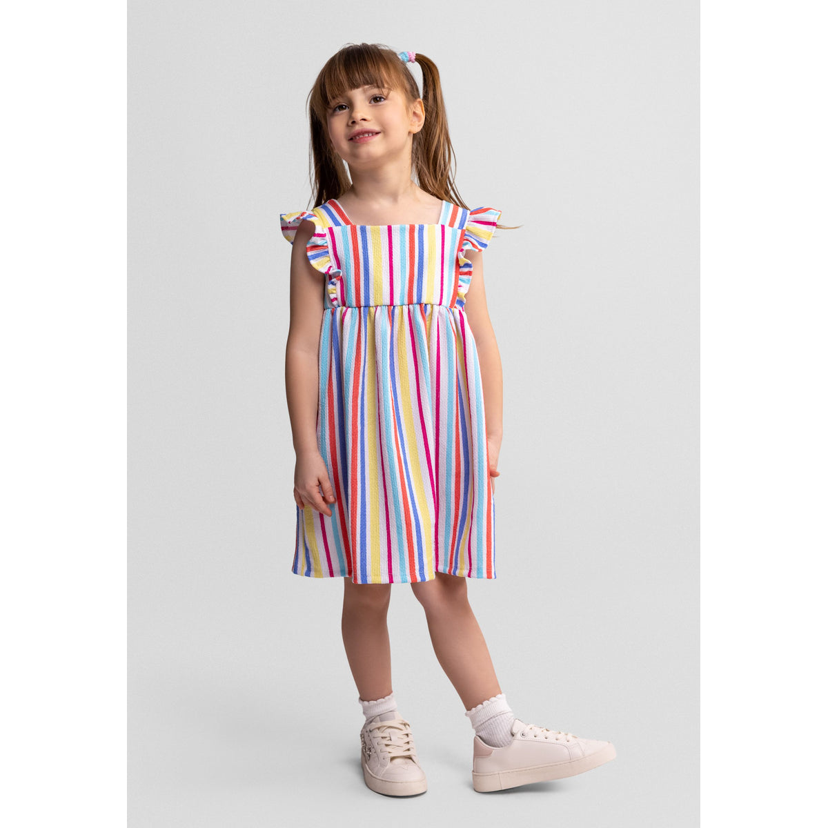 Girls' striped sundress in white, pink, blue and yellow — complete product view for square Shop card