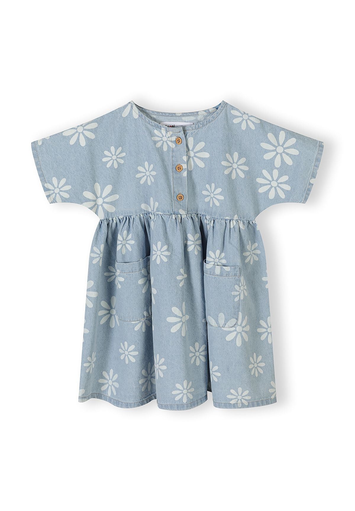 Girls chambray dress with floral print, short sleeves, front view, featuring button fastening and pockets.