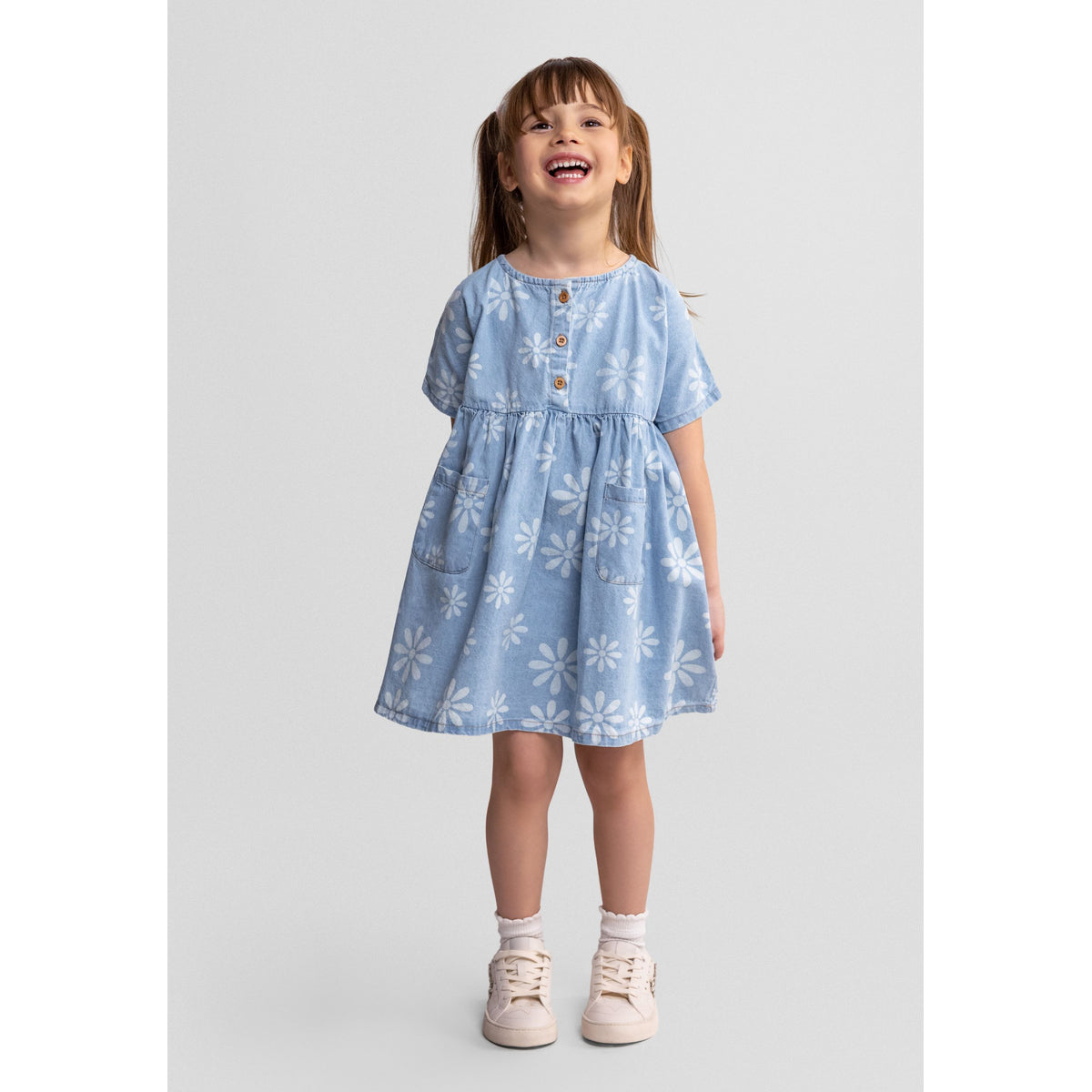 Girls' daisy print dress in light blue and white — complete product view for square Shop card