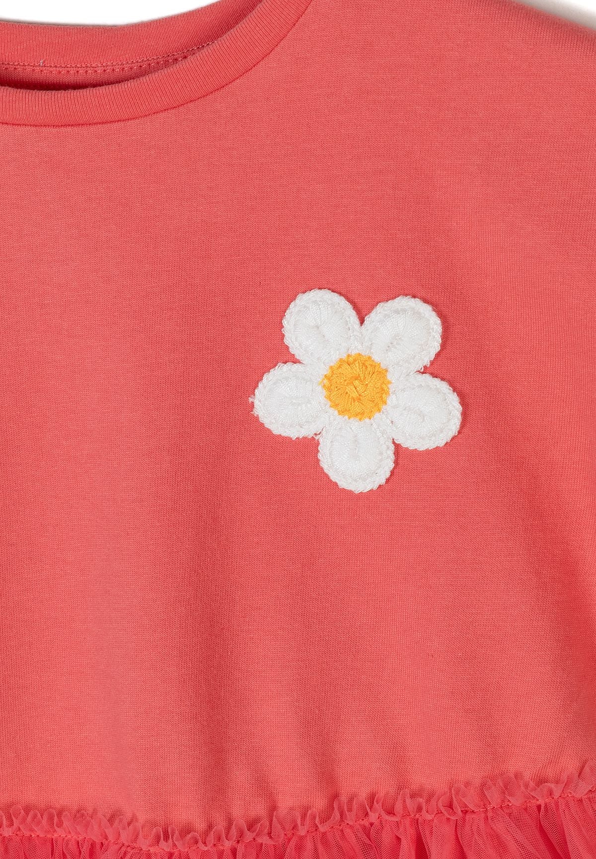Coral tiered mesh skirt dress, daisy detail.