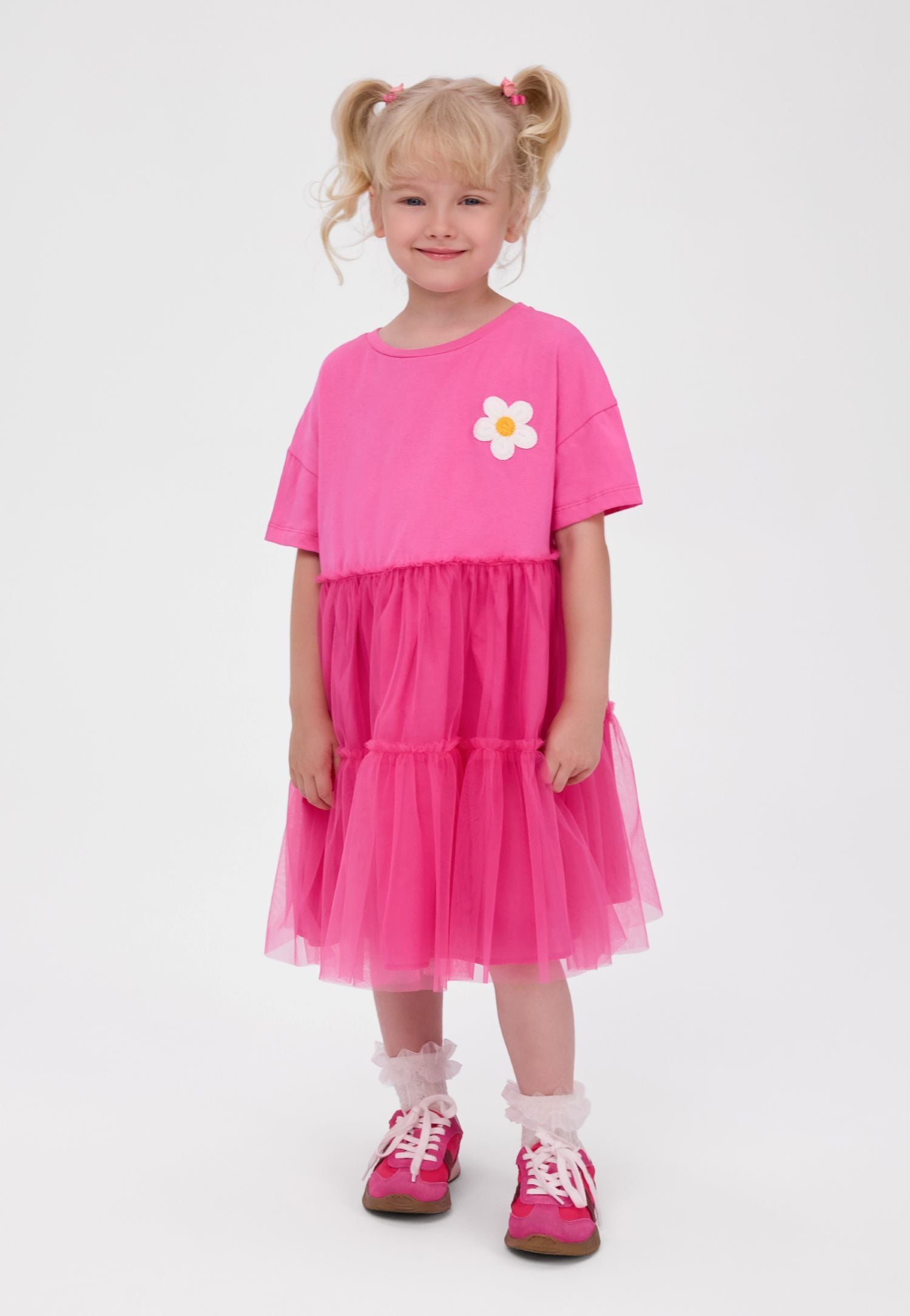 Jersey Tulle Dress, Pink, Crochet Flower - 1