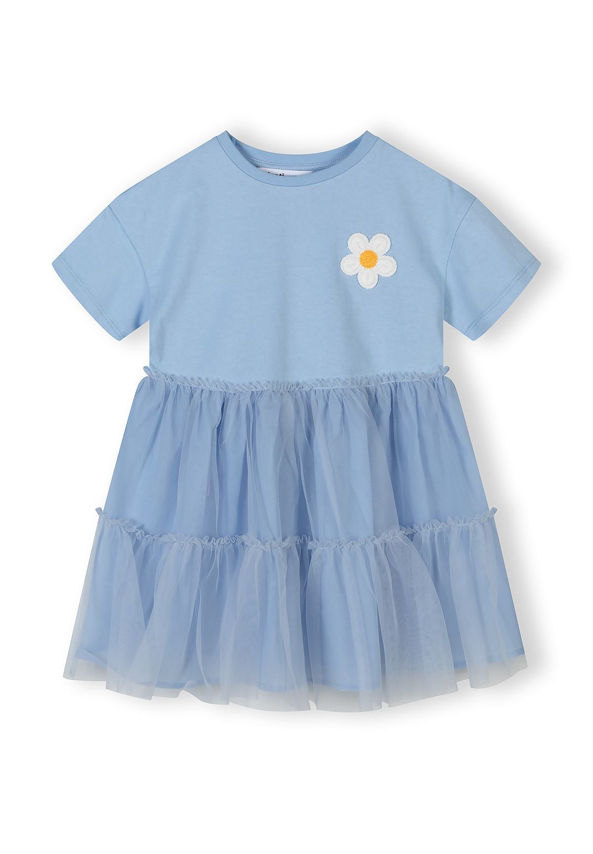Girls blue jersey dress with layered tulle and crochet flower, front view.