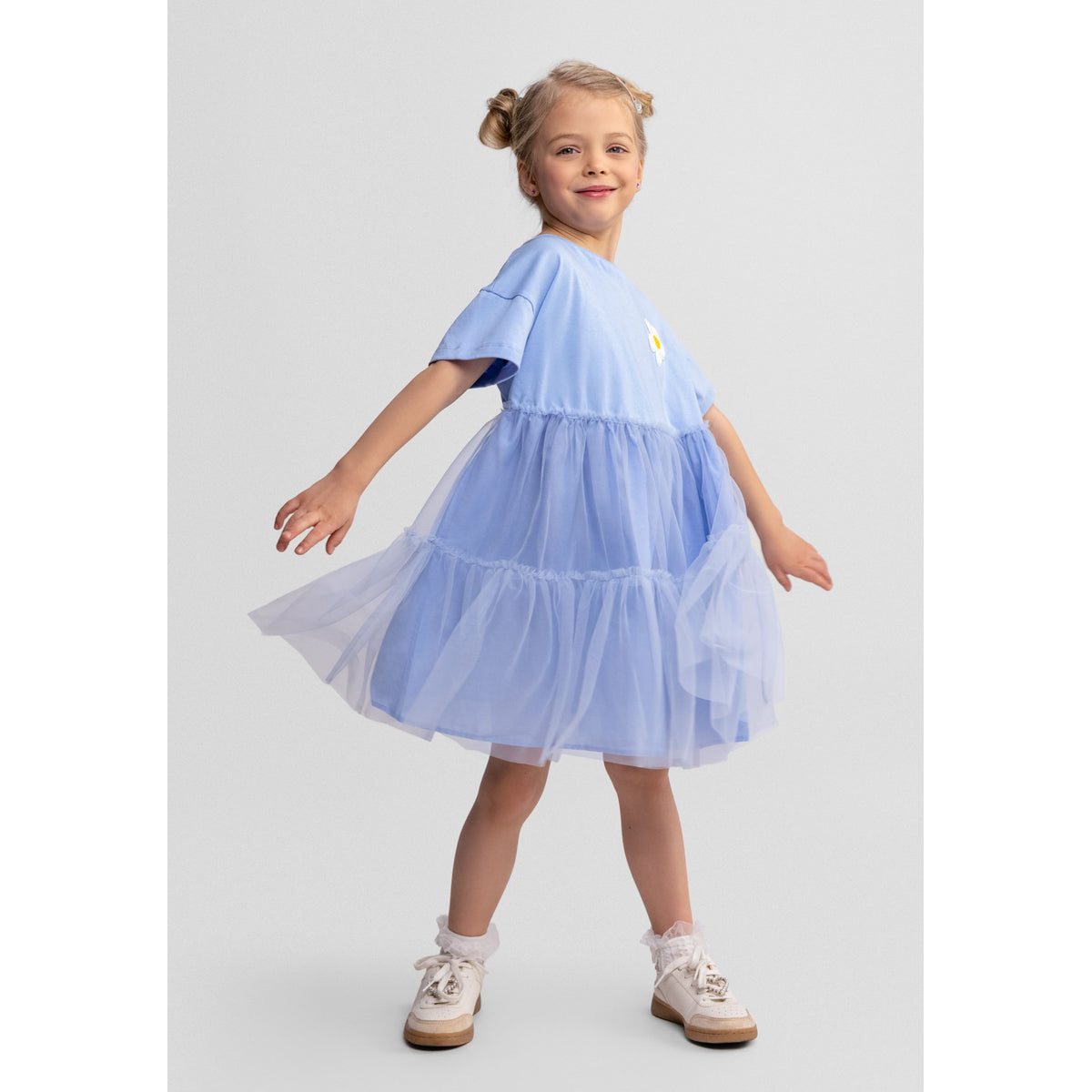 Girls' tiered mesh skirt dress in light blue — complete product view for square Shop card