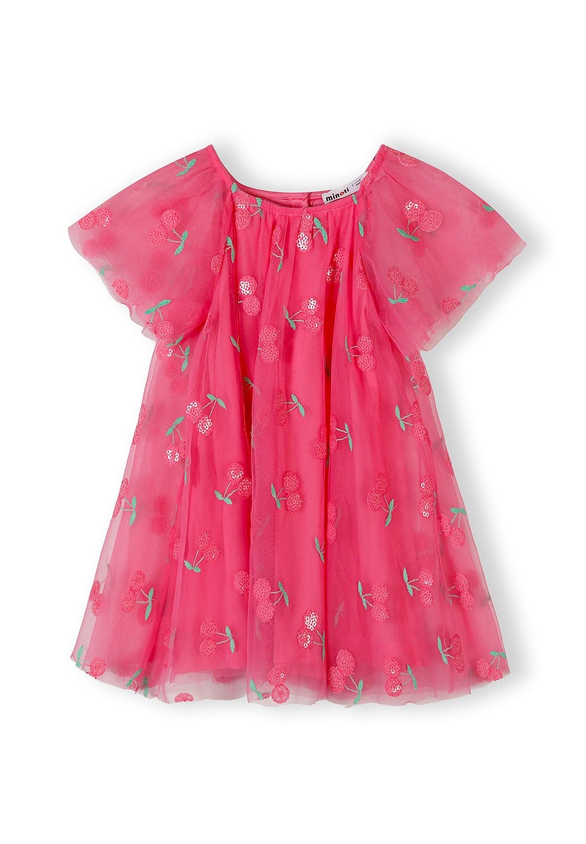 Pink tulle party dress for girls, front view, features angel sleeves and sequin details.