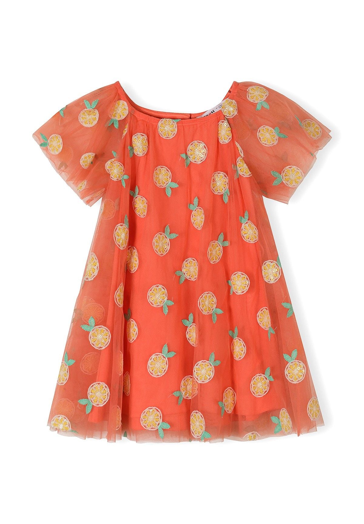 Apricot girls' tulle party dress with layered design and angel sleeves, featuring fruit print.