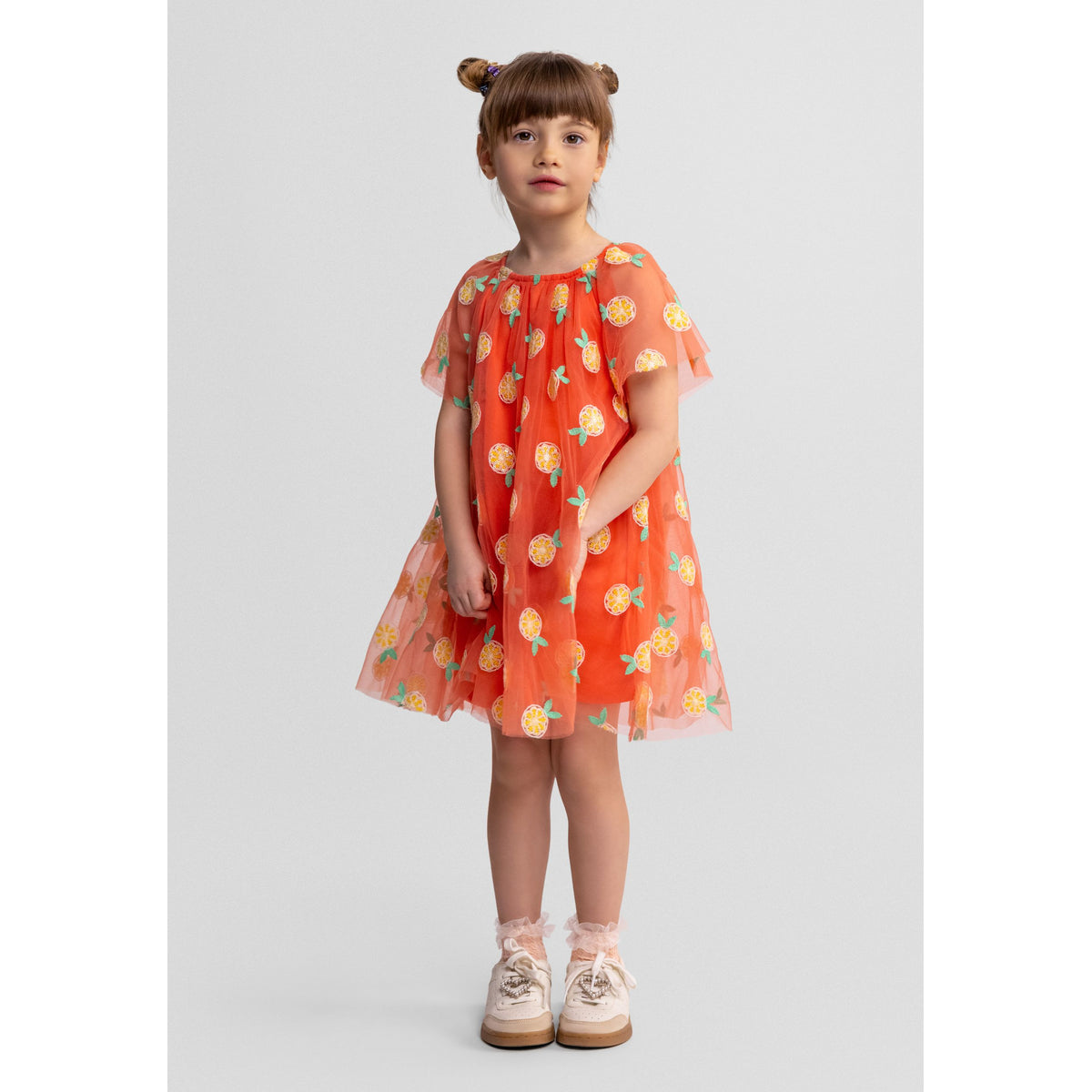 Girls' mesh overlay dress in orange — complete product view for square Shop card